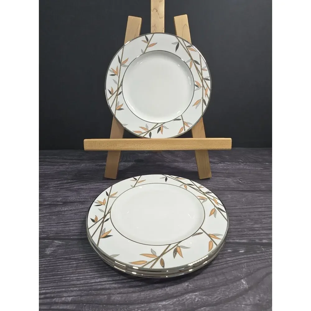 3 Vintage Lenox Kyoto Salad Plates 8-1/8” Bone China USA Bamboo Platinum Rim
